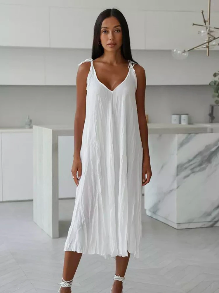 HiLoc Elegant Ruched White Nightdress Women 2024 Summer Spaghetti Strap Elastic Long Dresses Casual V-Neck Loose Nightie Female