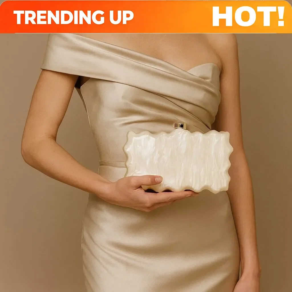 Custom White Pearl Swirl Wave Acrylic Clutch Bag For Women Rectangular Wavy Shape Hard Case Evening Handbag With Metal Lock For