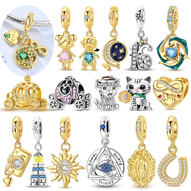 Novos Berloques Originais de Prata Esterlina 925, Pingentes e Contas para Pulseira DIY, Berloque de Carruagem de Abóbora Dourada, Menina e Menino, Presente de Joias para Mulheres