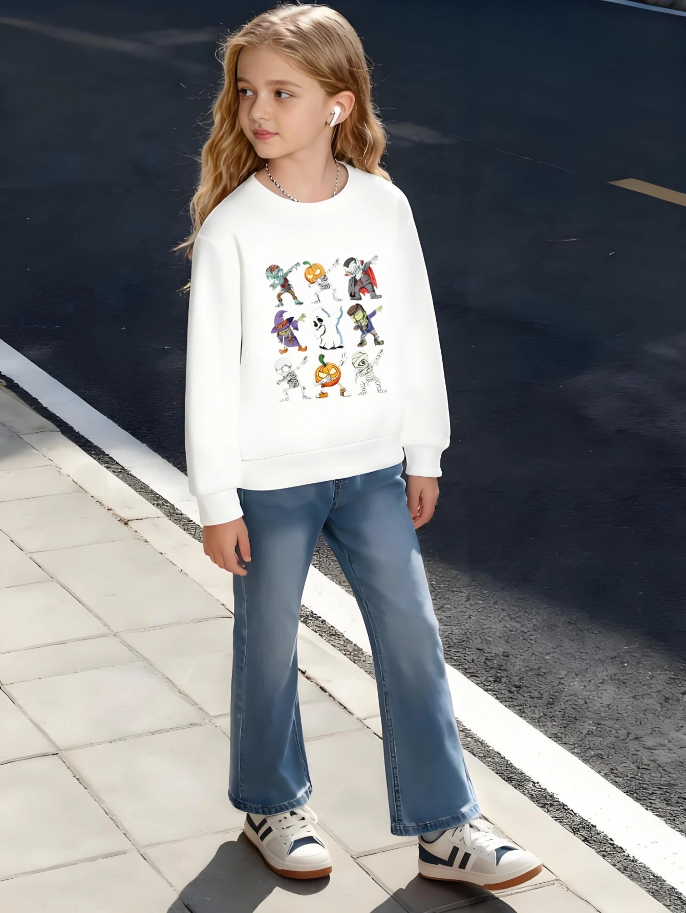 เสื้อสเวตเชิ้ตคอกลมสำหรับเด็ก ลายตัวละครฮาโลวีน เด็กชาย เด็กหญิง เสื้อสเวตเชิ้ตสีขาวสำหรับวันหยุด