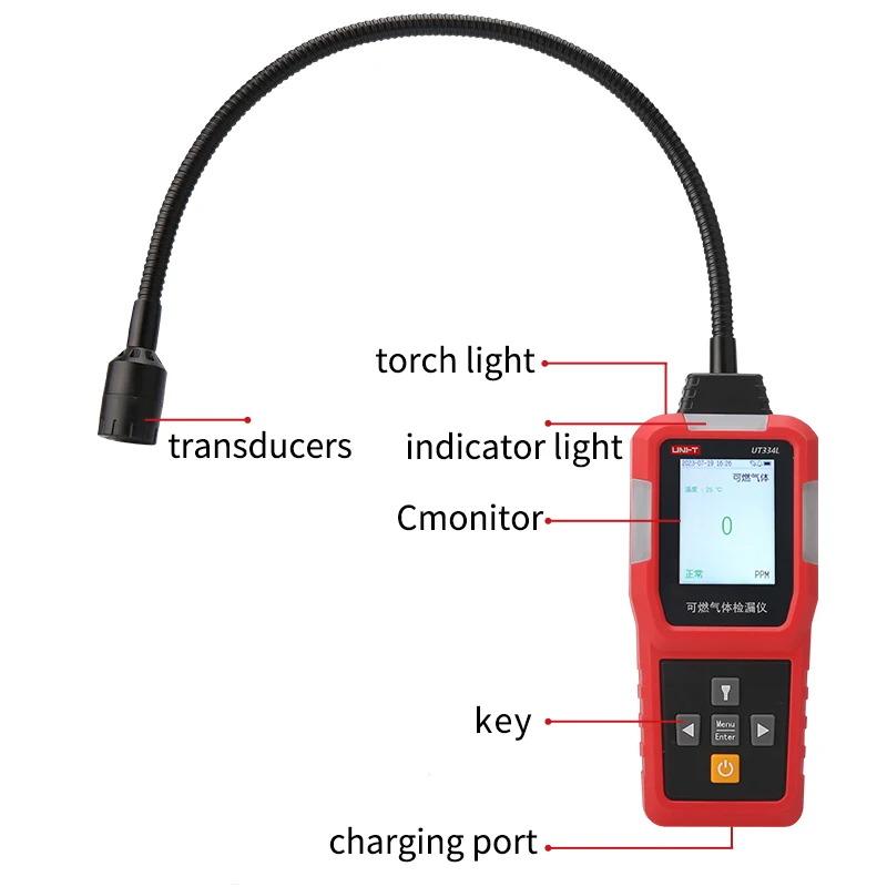 UNI-T UT334L Rilevatore di gas naturale Rilevatore di perdite di gas combustibile Individuazione della fonte di metano propano Suono e allarme