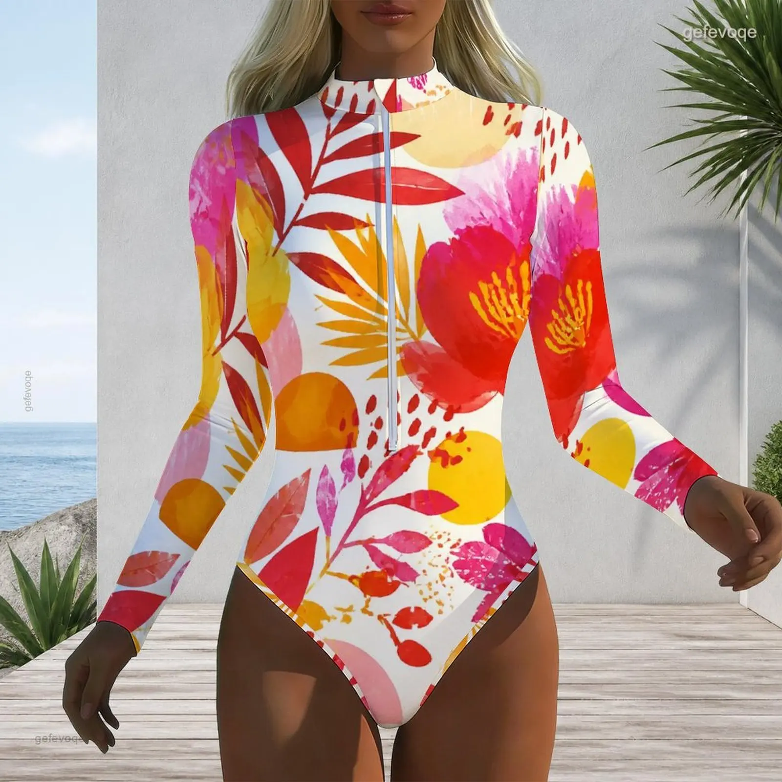 Women High Neck Front Zip Long Sleeve One Piece Printed Swimsuit