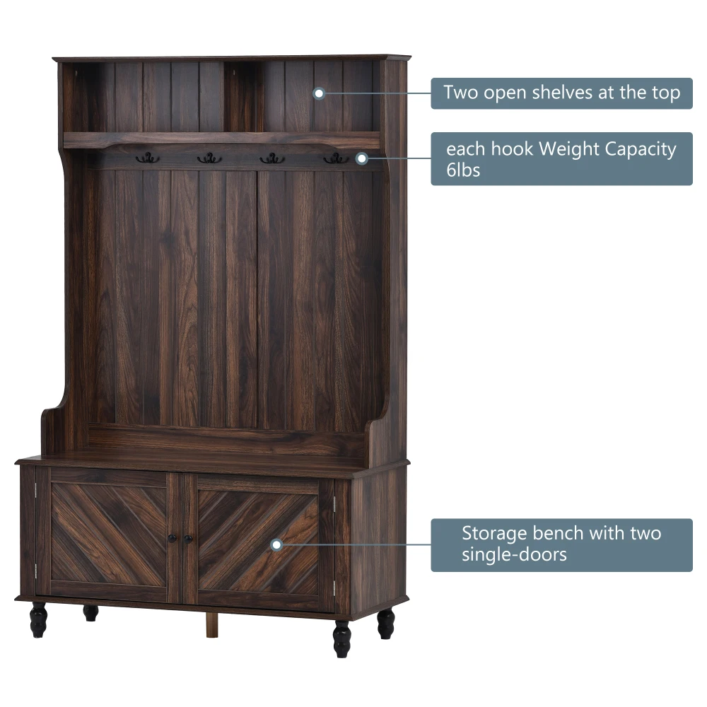 U-Can Hall Tree with 4 Hooks Coat Hanger Entryway Bench Storage Bench 3-in-1 Design 40INCH for Entrance Hallway