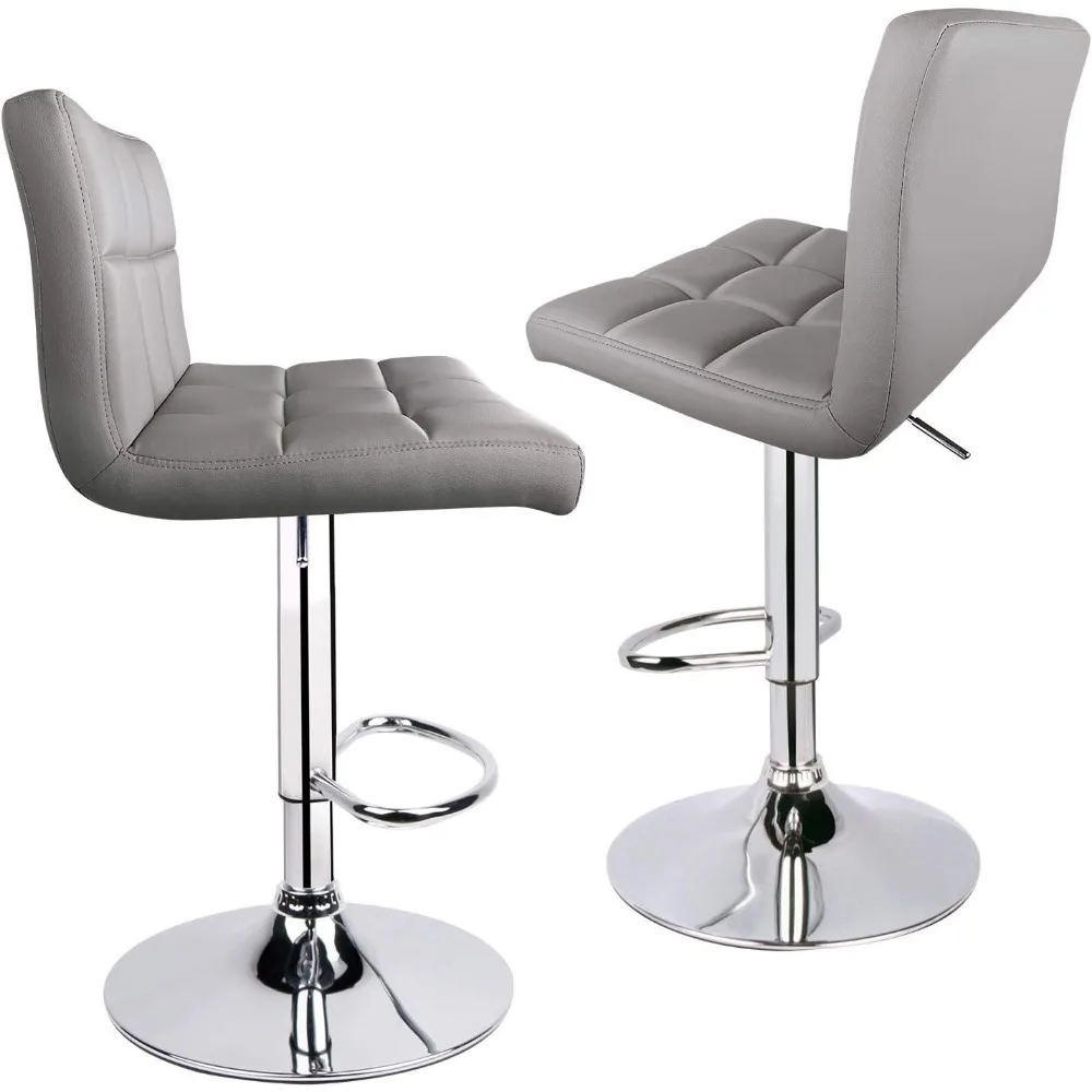 PU couro ajustável giratório Bar Stool com costas, Modern Bar Stools, conjunto de 2, cinza claro