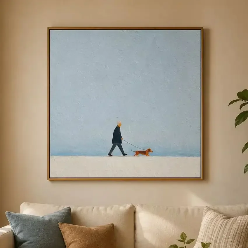 (No frame)The Quiet Horizon Walk – Sky Blue Folk Man & Dog Portrait Painting | Minimalist Square Entryway Art for Bedroom, Li