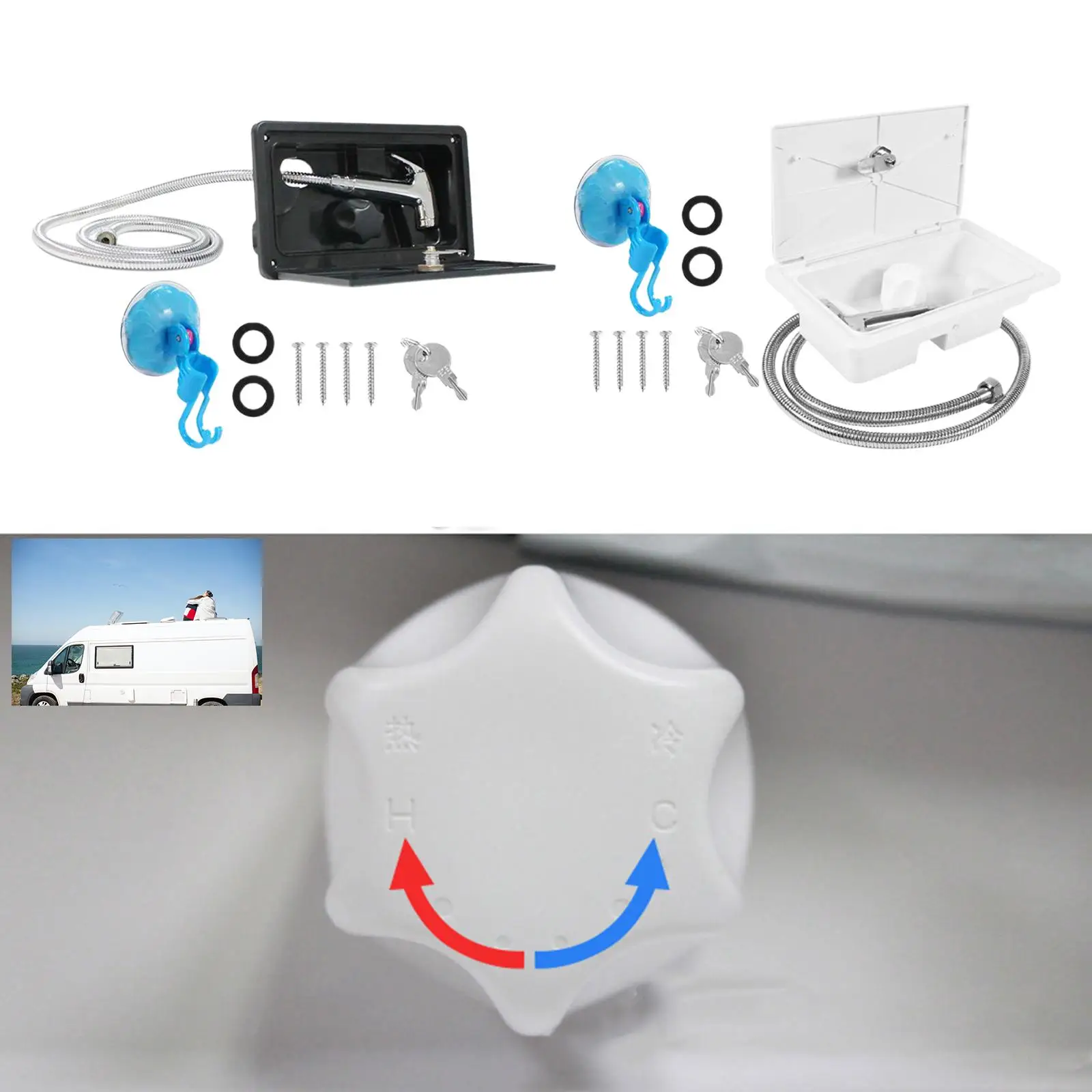 

RV Exterior Shower Box Kit with Lock with 2 Keys Coiled Hose Weatherproof Hot Cold Switch for Marine Trailers RV