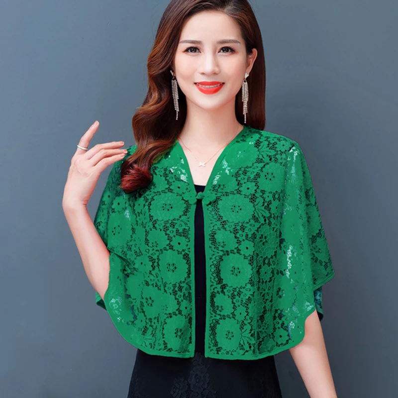 Korean Solid Color Thin Lace Button Coat Sunscreen Shawl Women\'s Summer Soft Hollow Blouse Cardigan Neck Guard Cloak Scarf R10