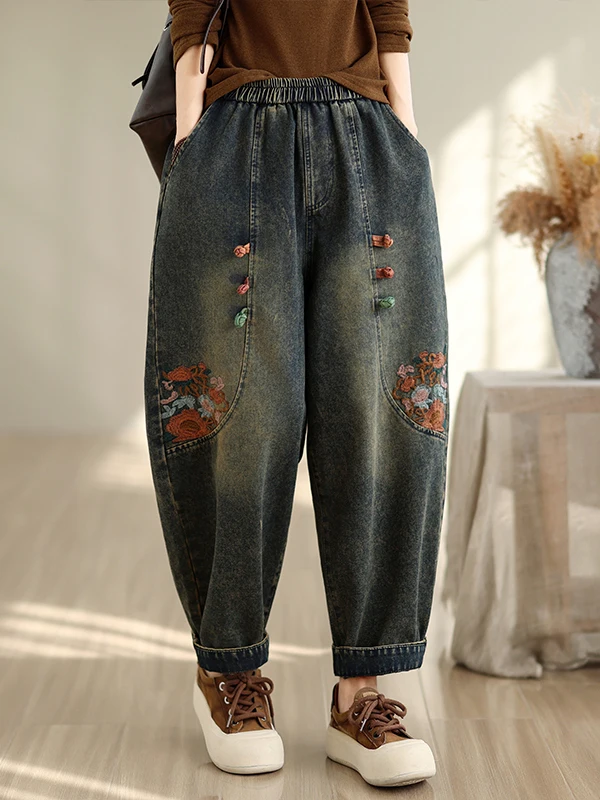 Retro Washed Loose Embroidered Denim Jeans Women's High Waist Elastic Casual Nine-Piece Harlan Pants Thick Cotton Polyester B...