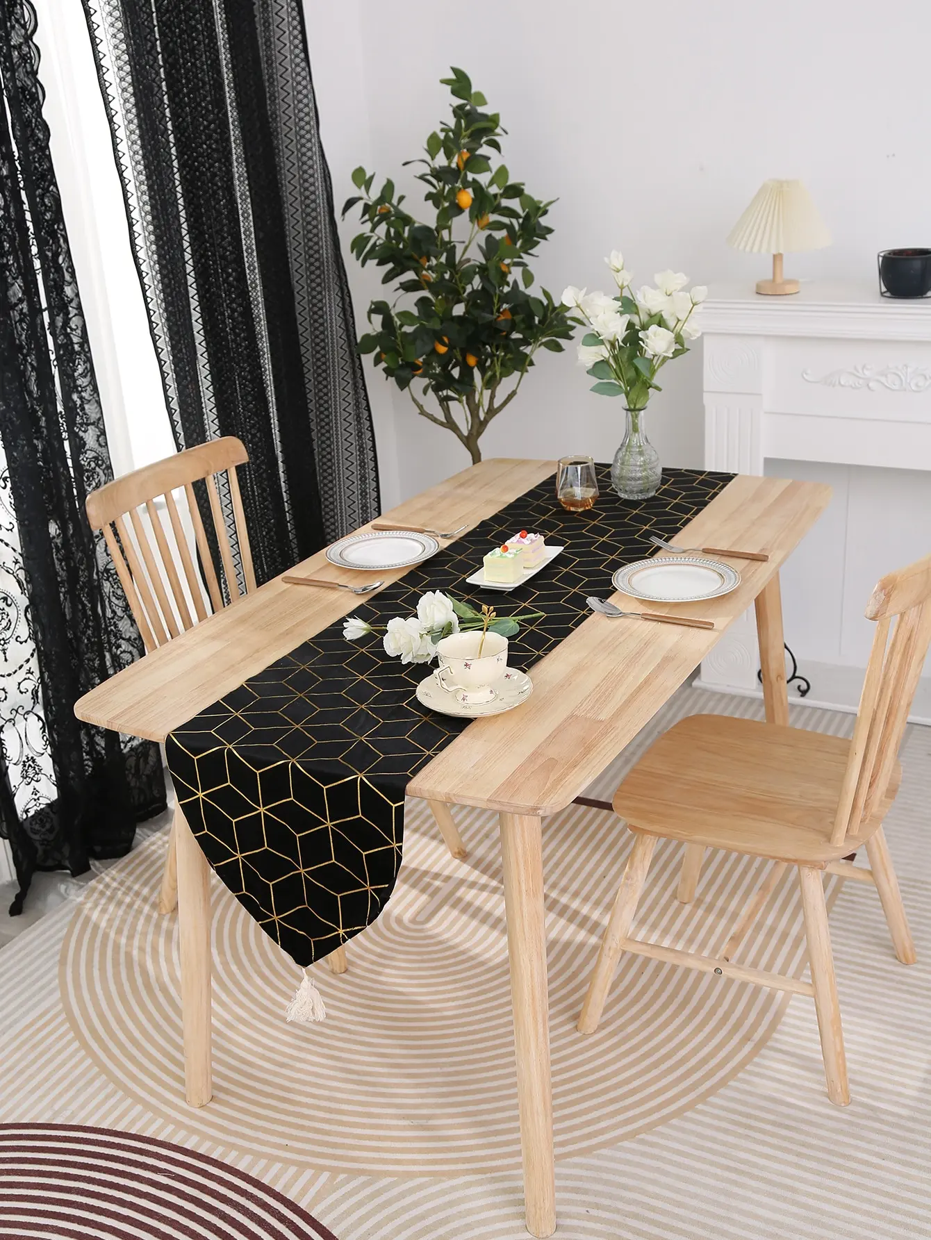 Black Stamped Geometric Spike Table Runner Kitchen Living Room Table Placemat Decoration