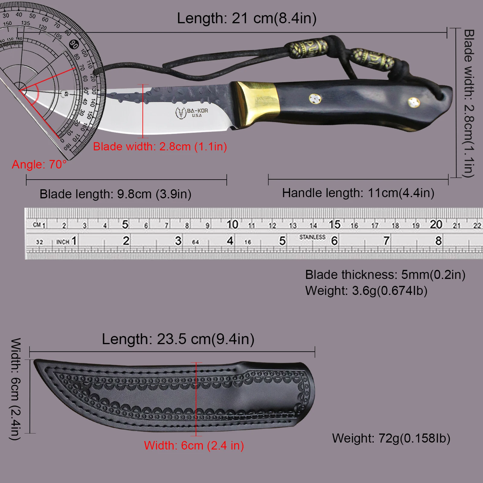 BA-KOR Germany 9CR18MOV high-end outdoor hunting straight knife, Ebony jungle survival knife + knife sheath, camping knife