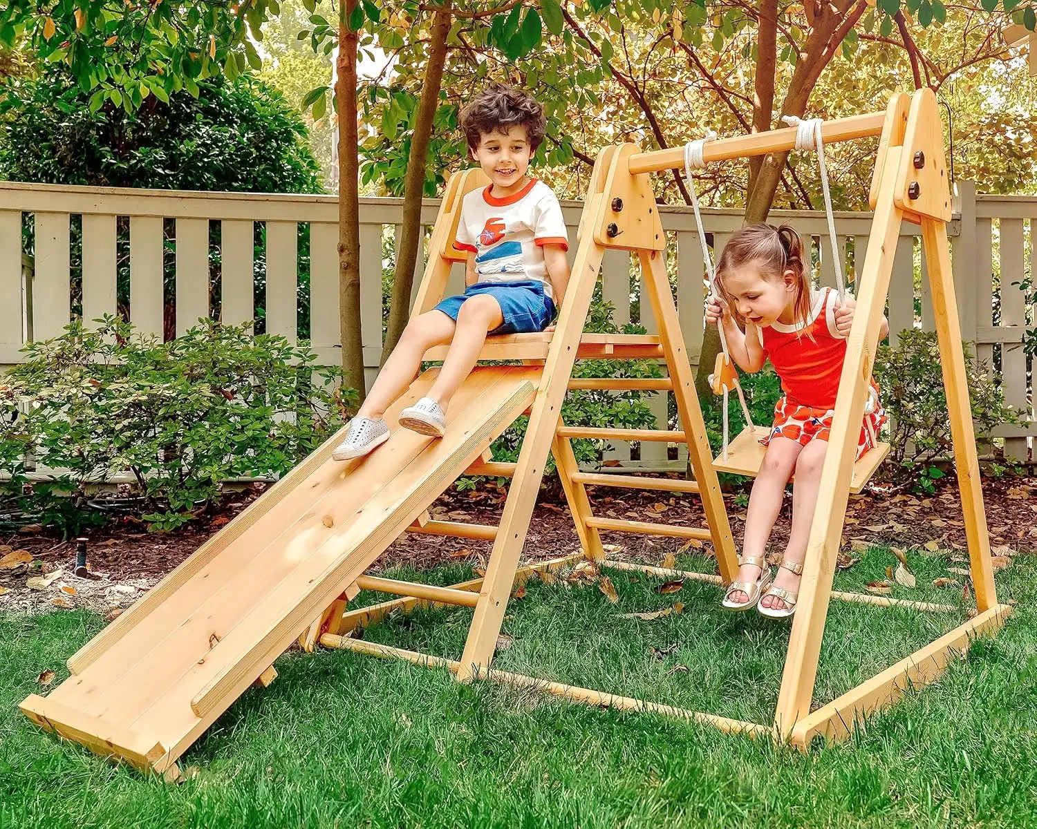 Avenlur 4-in-1 Juniper Outdoor Play Gym - Jungle Gym Playset with Baby Swing, Slide, Ladder, and Climbing Wall - Foldable Wooden