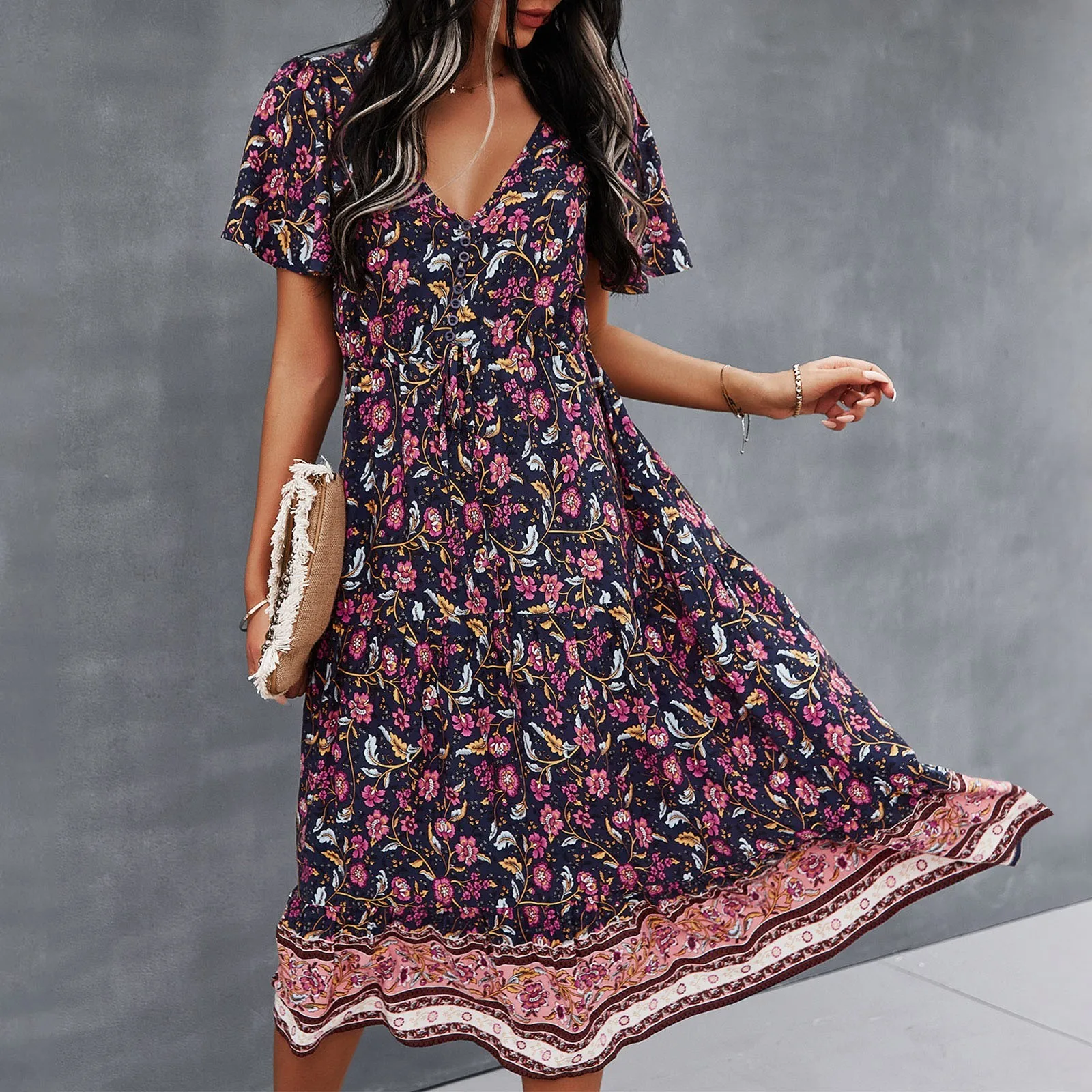 Vestido de verão com decote em v profundo feminino, Beach Boho, estampa floral, vestidos de botão vintage, solto casual, linha A Midi, longo, robe elegante, verão, 2024