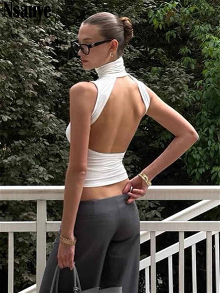 Nsauye casual sólido branco feminino colete básico t camisa regata gola alta y2k roupas de verão magro mini 2025 clube sexy colheita topos