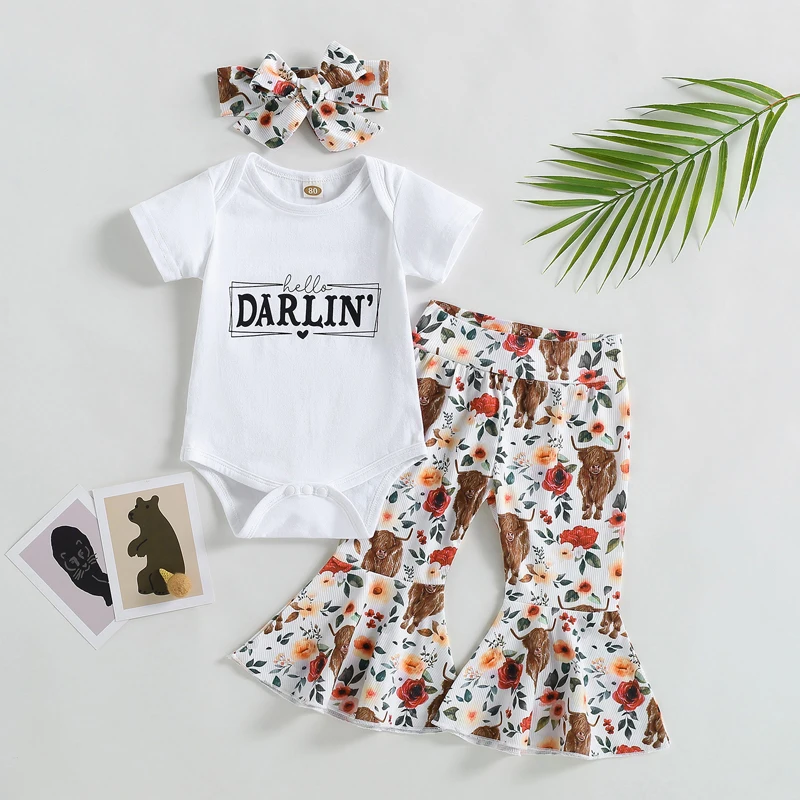 2023-03-01 Lioraitiin 0-18M Baby Girls 3Pcs Summer Set Short Sleeve Letters Print Romper Cow Print Flare Pants Headband