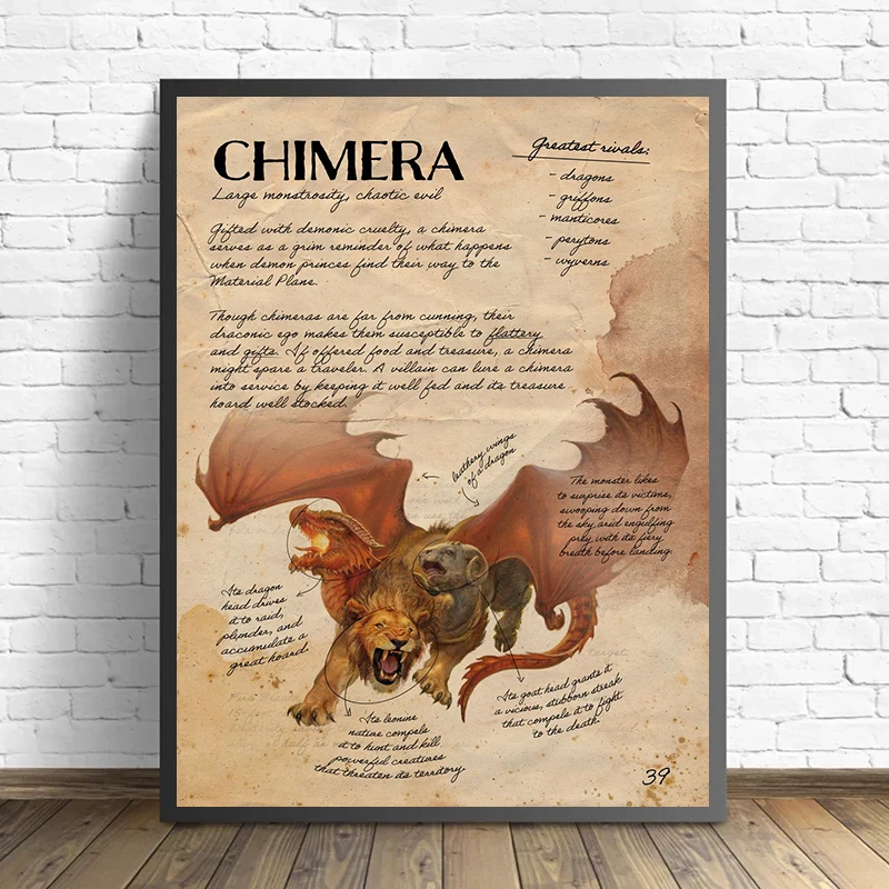 الرجعية D & D الوحش دليل لعبة الملصقات الزنزانات والتنينات قماش الطباعة جدار صورة فنية لغرفة الألعاب ديكور المنزل الهدايا