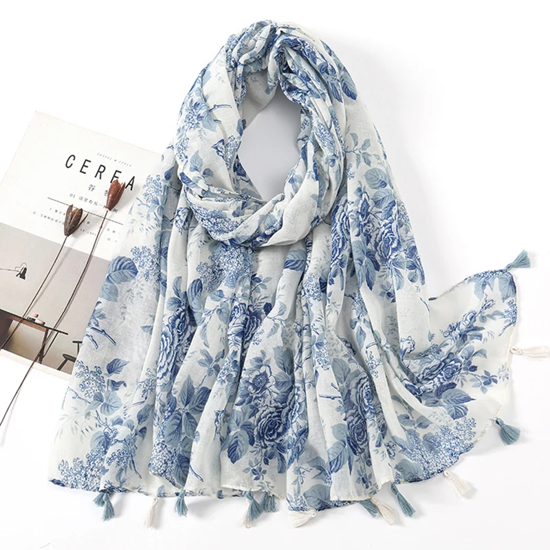 New Floral Tassel Viscose Shawl Scarf For Women Print Hijab Lady High Quality Wrap Pashmina Stole Bufandas Muslim Hijab Foulard