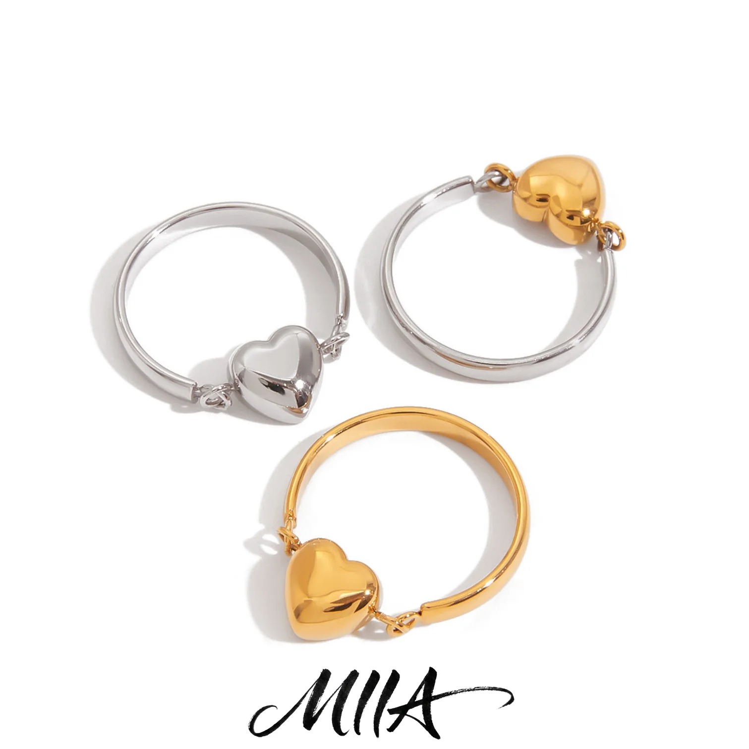 Miia Classic 18K Gold PVD Plated Stainless Steel Cute Heart Rings for Women Daily Fashion Waterproof Charm Trendy Ring Gifts