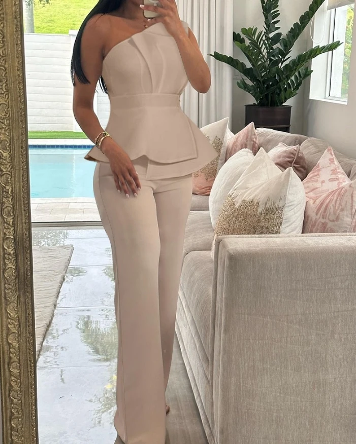 Two Piece Set Women Outfit Summer Fashion One Shoulder Ruched Sleeveless Top & Casual High Waist Straight Leg Daily Pants Set