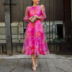 Autumn Women Evening Dress Elegant Female Casual Gauze Floral Printed Dress Spring Lady O Neck 3/4 Puff Sleeve Swing Party Dress