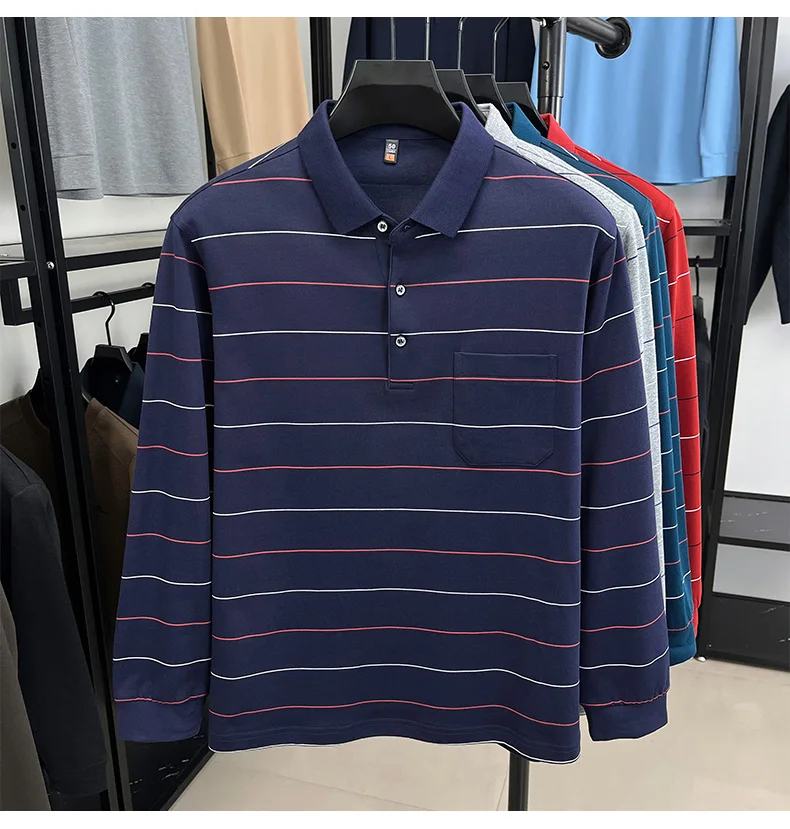 Hochwertiges gestreiftes Langarm-Poloshirt für Herren, neues Komfort-Taschendesign, Frühling/Herbst, luxuriöses Business-Casual-T-Shirt. – Detail 7