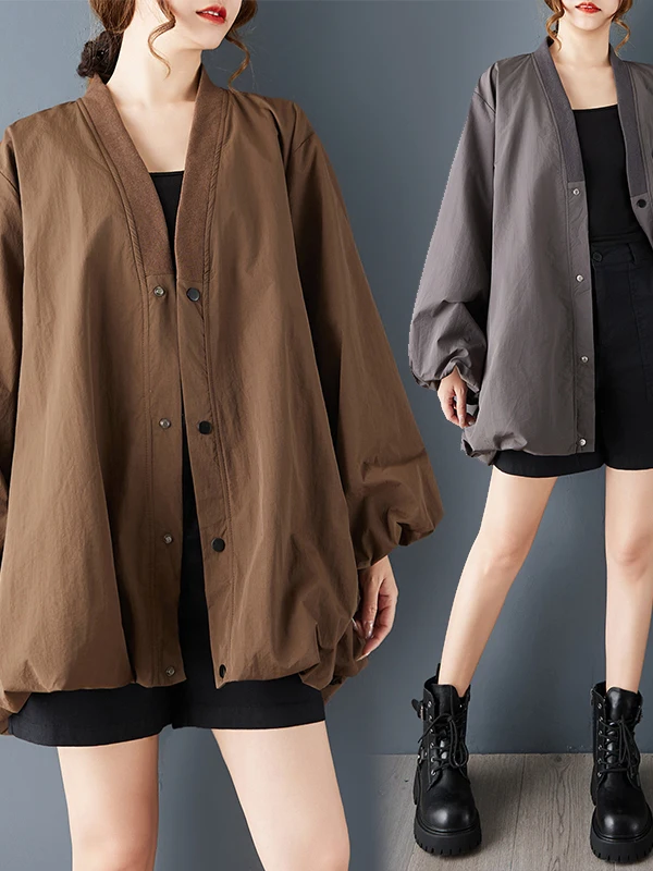 معطف فضفاض من هونج كونج Sle على شكل زهرة برعم aped لون نقي V-Ne Long Sve ملابس خارجية نسائية للربيع والخريف #2