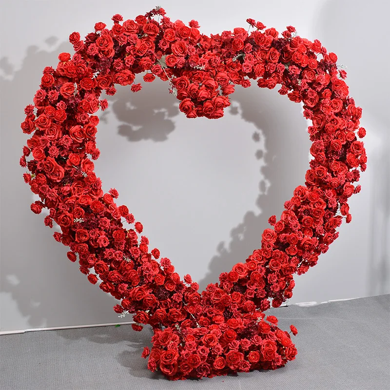 Red heart-shaped shelf floral arrangement wedding background stage flower proposal event celebration decoration simulated flower