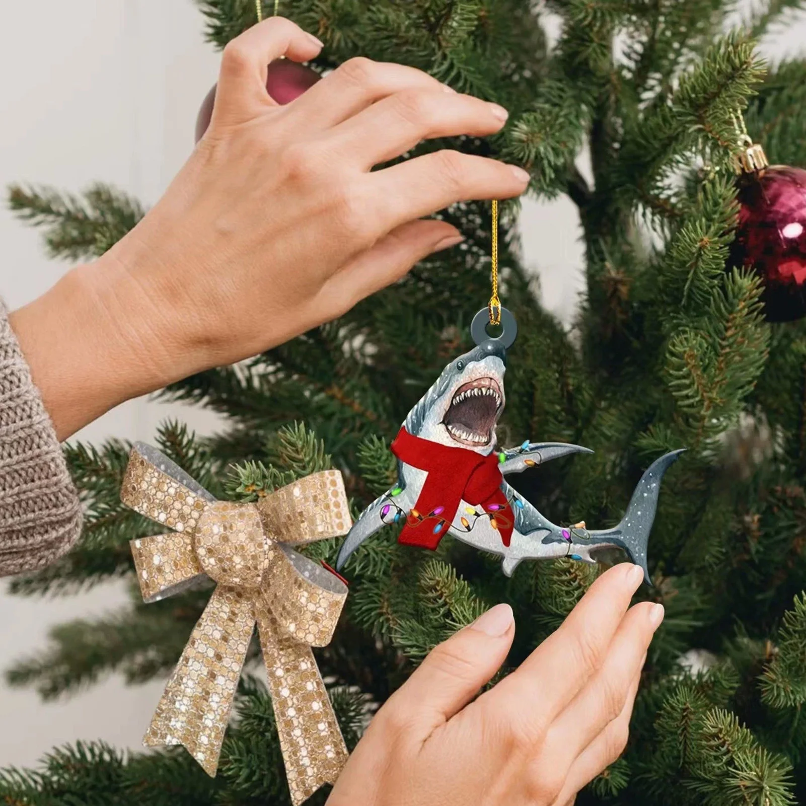 3pcs Ocean Theme Sharks Ornament Present Xmas Tree Decor 2d Flat Hanging Pendant Adds Fun Festive Ocean-Vibes For Holiday Party view 6