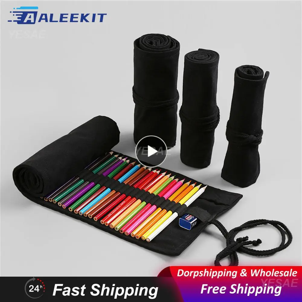 Pencil Case Elastic Socket Has Many Uses Black 24 Holes Storage Bag Pen Curtain Canvas Material Firm Thread 12 Holes Save Space