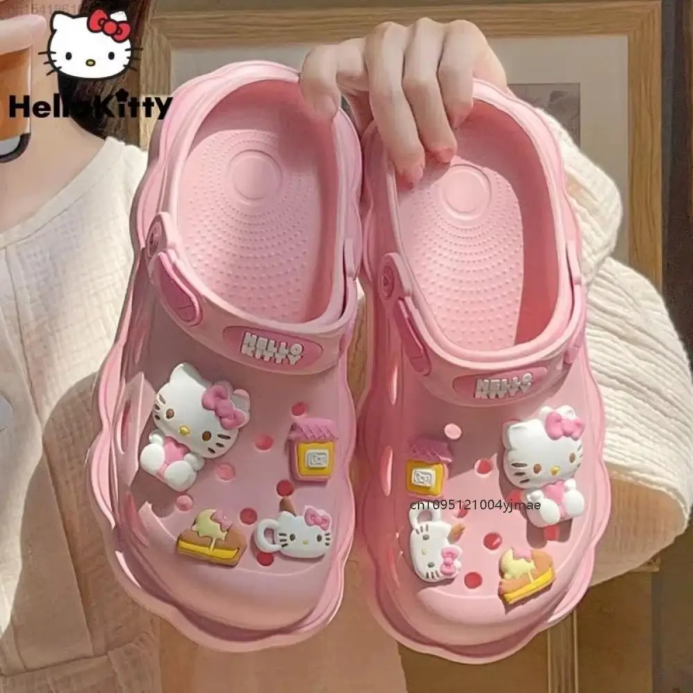 

Kawaii Lolita Sanrio Hello Kitty Women's Cave Shoes Summer Sandals with Thick Heels Kuromi Cinnamoroll Casual Slippers Female