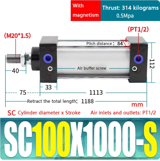 ZJSHUYI  SC100X25*250/300/350/400/450/500 /600/700/800/900/1000  Standard High Thrust Pneumatic Cylinder With Magnetic