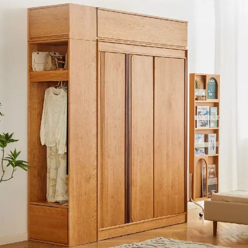 خزانة ملابس من خشب الكرز الصلب البسيط الاسكندنافي، جوز أسود، مجموعة على الطراز الياباني، شقة صغيرة، غرفة نوم عائلية، خزانة ملابس كبيرة