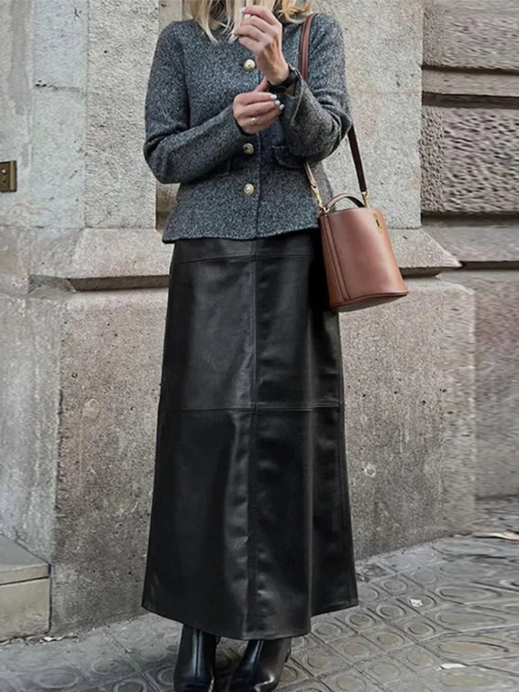 Leather Long Skirt for Women Minimalism Solid Color Skirts Autumn New Fashion Vintage Women Skirts Velvet Lining Casual Split