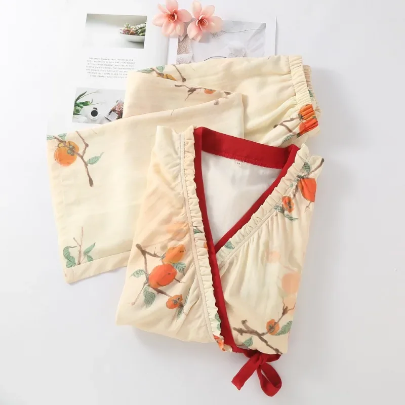 

Женские осенние хлопковые пижамы из бамбукового волокна, топ с длинными рукавами и v-образным вырезом на шнуровке и свободные брюки, тонкий повседневный комплект домашней одежды