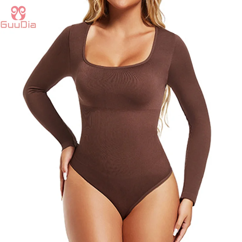 GUUDIA Open Crotch Big U Neck Seamless Bodysuit Long Sleeve Spandex Elastic Body Suit Shapewear Tummy Control Waist Shapers