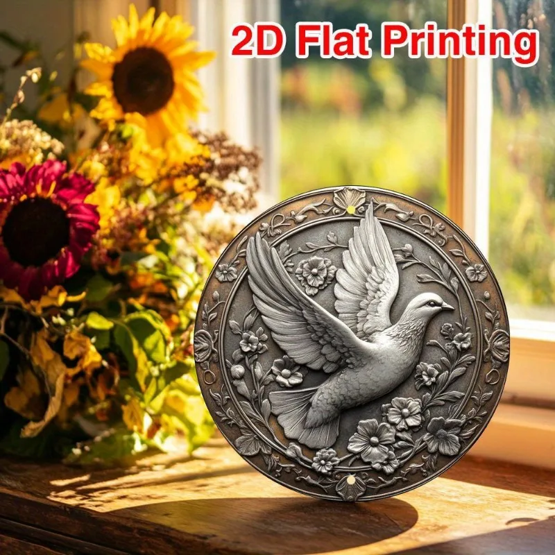 2D Metal Sign, 2D Flat Aluminum Round Sign Silver Coin Pigeon Cross for Coffee Shop Home Office Rustic Decor, 8x8 Inch Gift