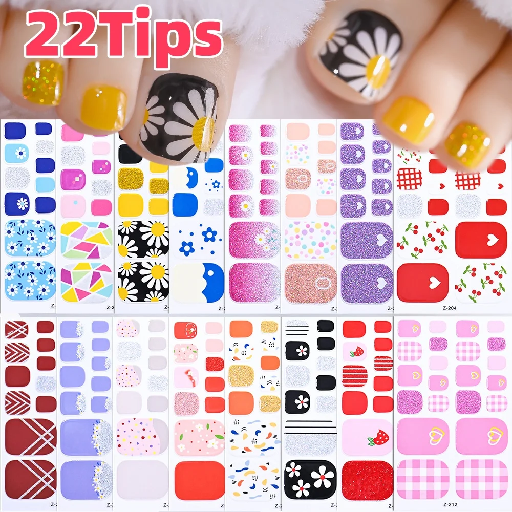22 punte 1 foglio di cottura senza margherita fiore adesivo per unghia del piede copertura completa strisce polacche per unghie colorate autoadesive fai da te decalcomanie per piedi