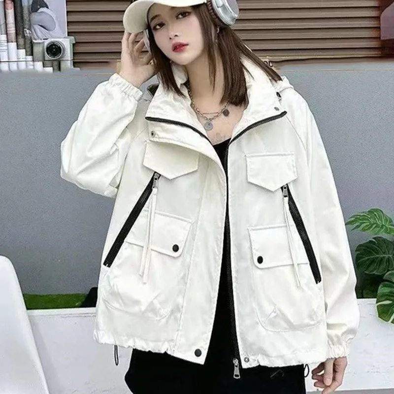 

Workwear Hooded Zipper Female Coat 2024 Spring Leisure Fashion Lady Hooded Charge Jacket Korean Short Loose Jacket Women Outwear