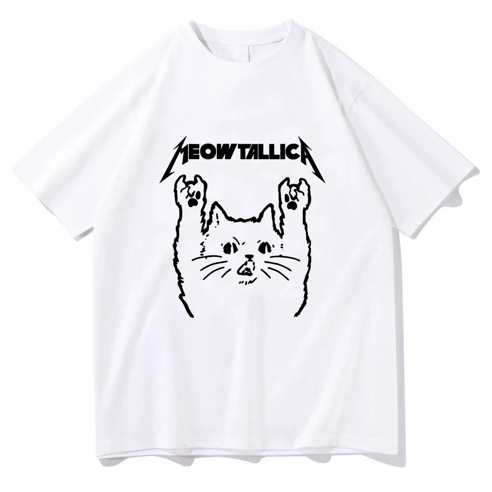 Meowtal Meowtallica Cat Tshirts Short Sleeve Cotton Comfortable Tee-shirt Heavy Mental Hip Hop Streetwear Casual Women Men Tees