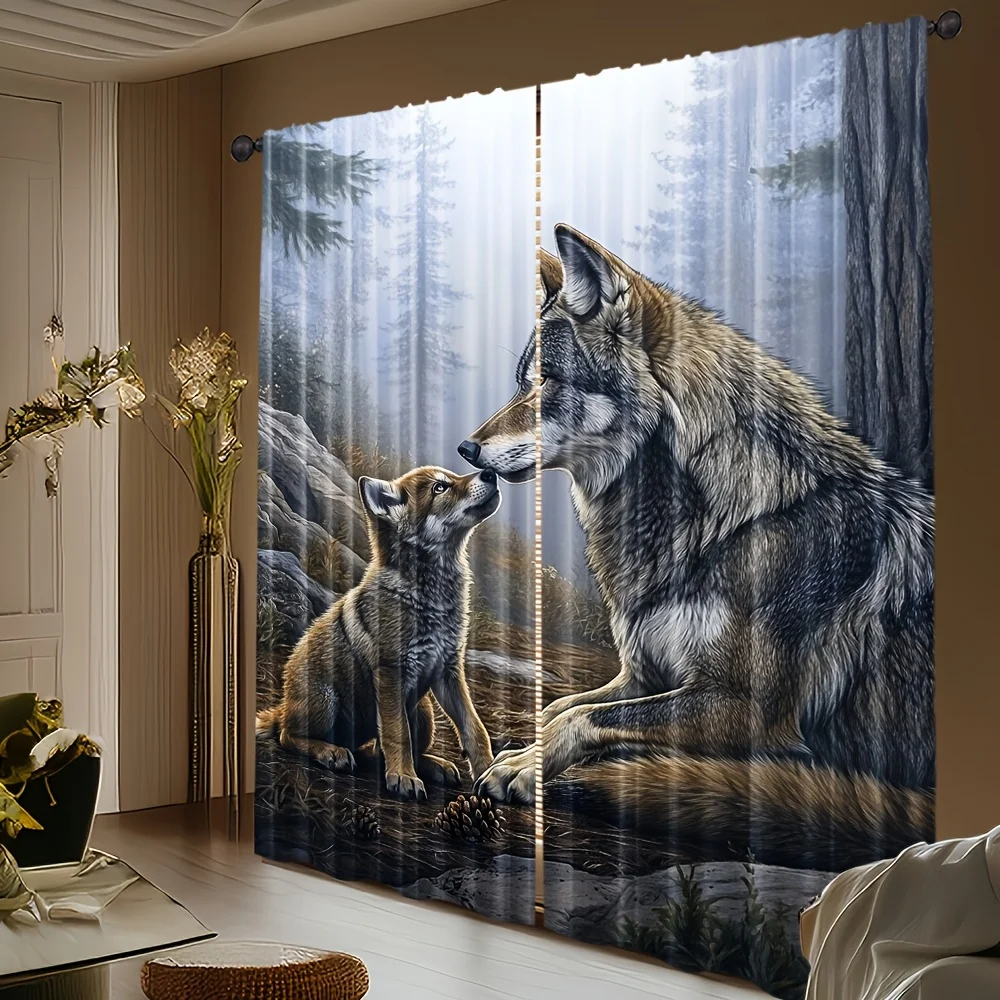 Realistic Wolf Woodland Curtain Panels Photo Print Window Drapery for Living Room Bedroom Nature Wildlife Home Decor Accent Curt