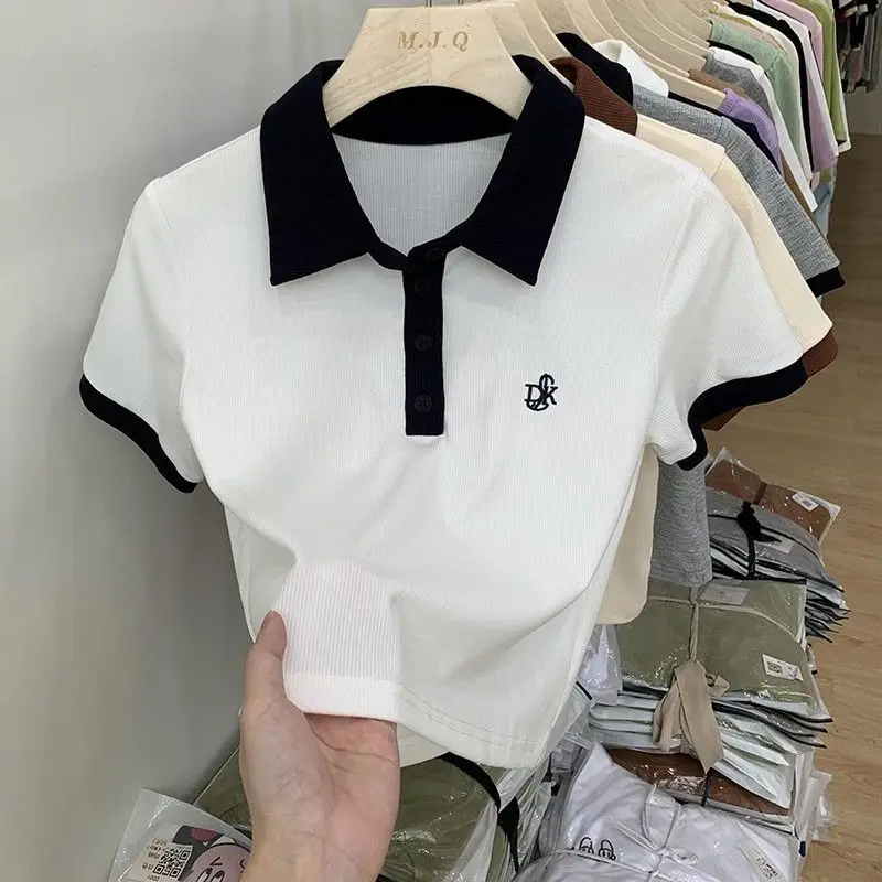 Women\'s Polo Neck Tee Shirts Dry Fir Top High Quality Pullover Short Sleeve T Shirt Wholesale Aesthetic Y2k Fashion Skinny White