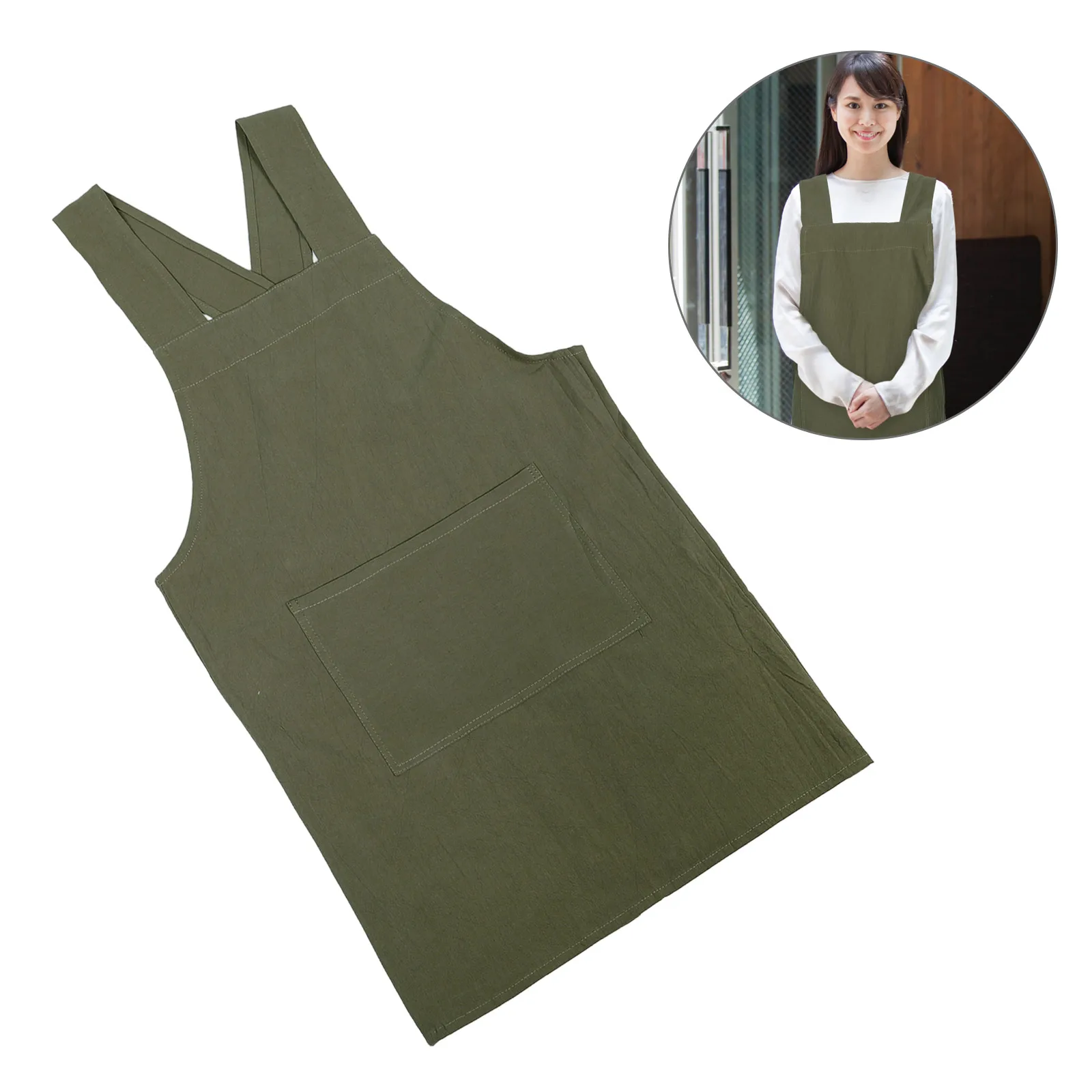

Summer No Tie Cross Back Apron Cotton Canvas Pockets For Cooking Gardening Painting Nail Tech Artist Kitchen Bbq Green