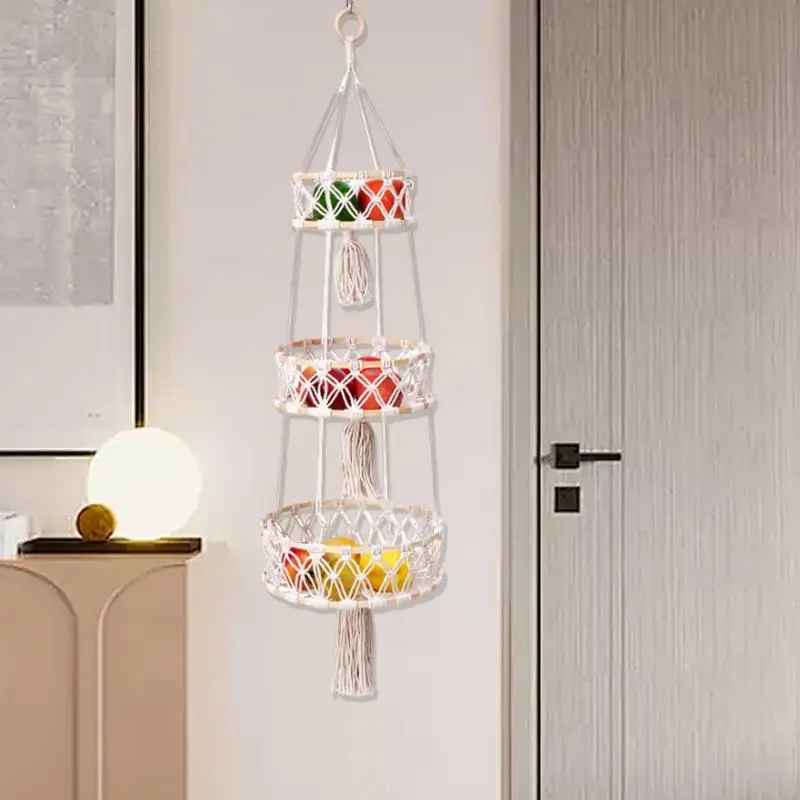 

3 Tier Fruit Basket Braided Woven Cotton Rope Bohemian Produce Hanging Basket With Hook Kitchen Decoration For Vegetable Storage