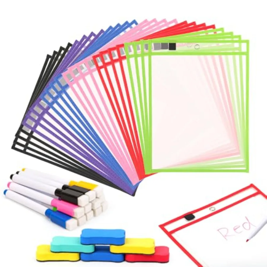

24 Pack Dry Erase Pocket Reusable Sleeves 10" x 14" Clear Plastic Sheet Protectors with Dry Erase Markers and Mini Sleeves Pape