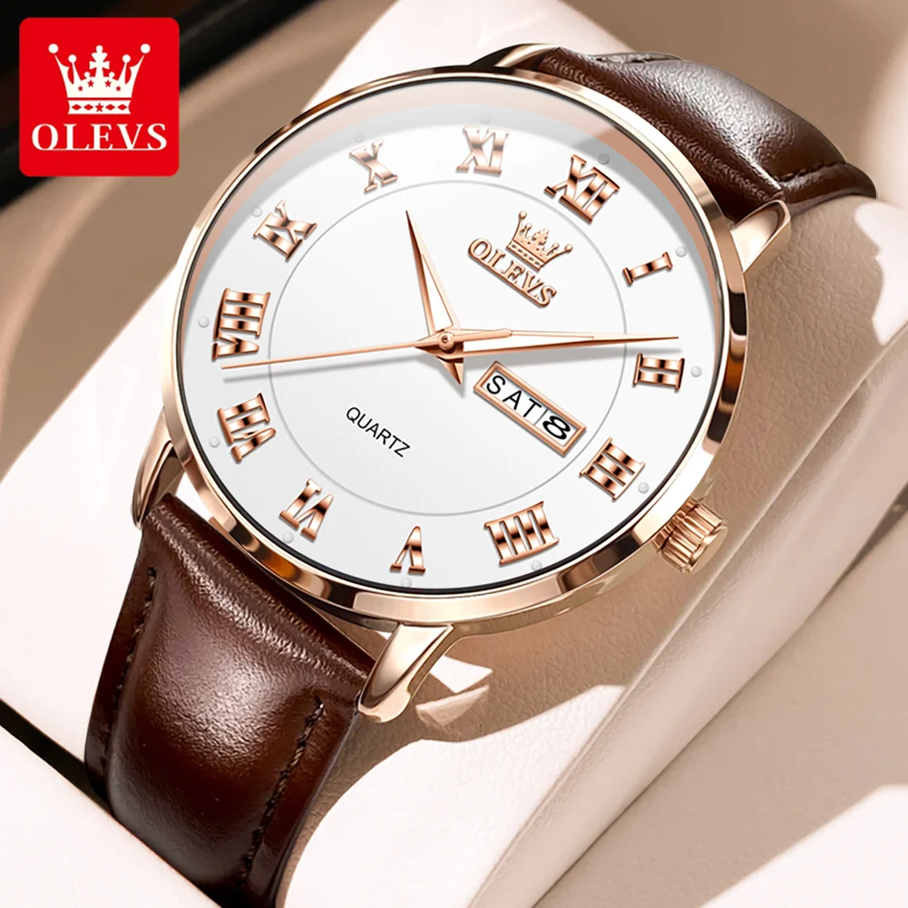 

OLEVS 2024 New Quartz Watch for Men Minimalist Roman Numbers Dial Auto Date Leather Strap Waterproof Luminous Men's Wristwatches