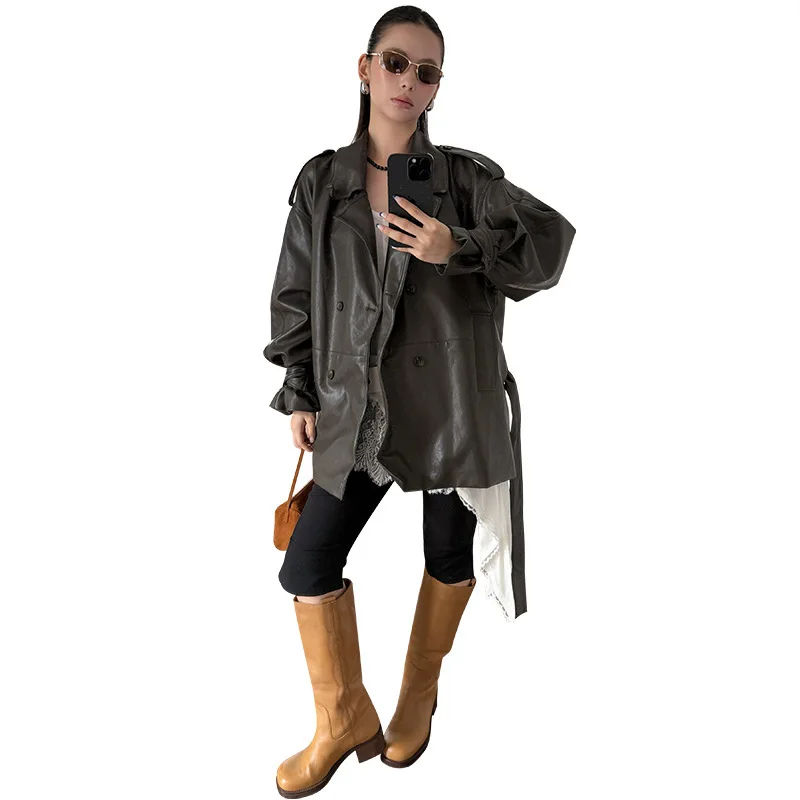 Stylish Streetwear Jacket with Large Lapels Metallic Thread Double Breasted Mid Length Tied Waist Design