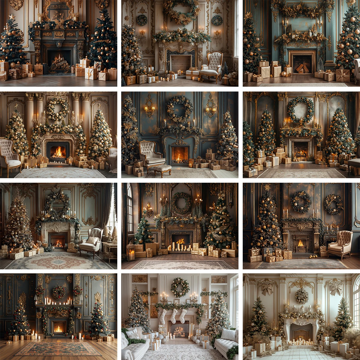 

Christmas Fireplace Photography Backdrop Cloth Luxurious Elegant Room Xmas Tree Decor Photo Studio Props Family Party Background