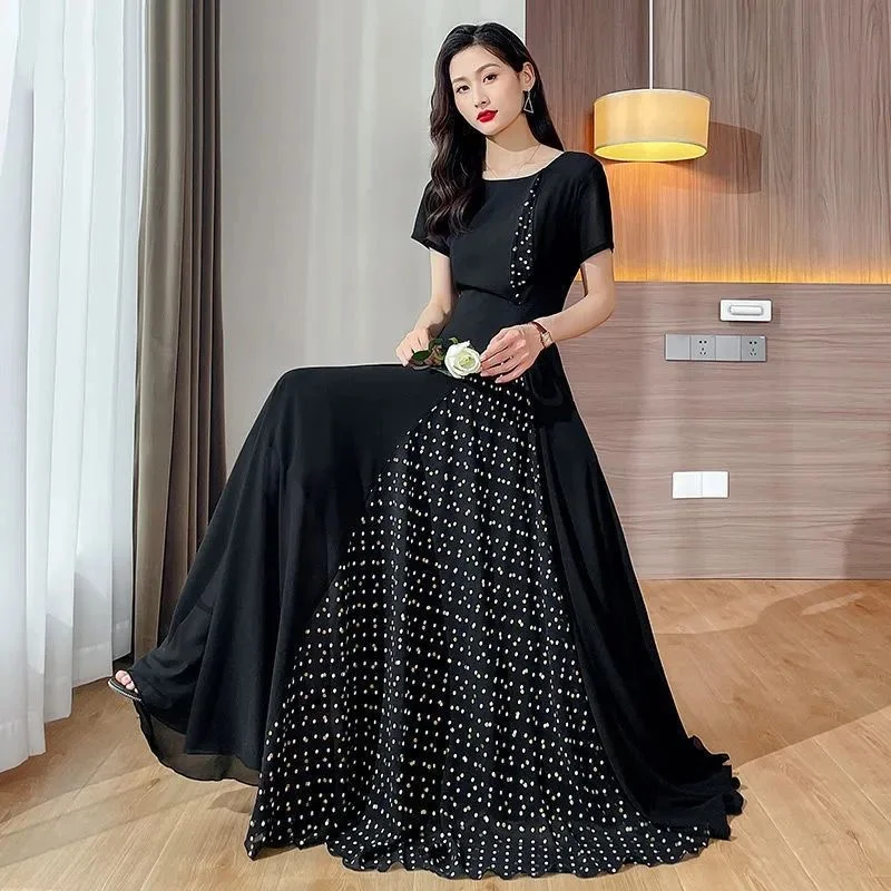 

2023 Elegant Fashionable Big Swing Skirt Black Spliced Chiffon Dress Long Summer New Large Swing Skirt Elegant and Elegant Style