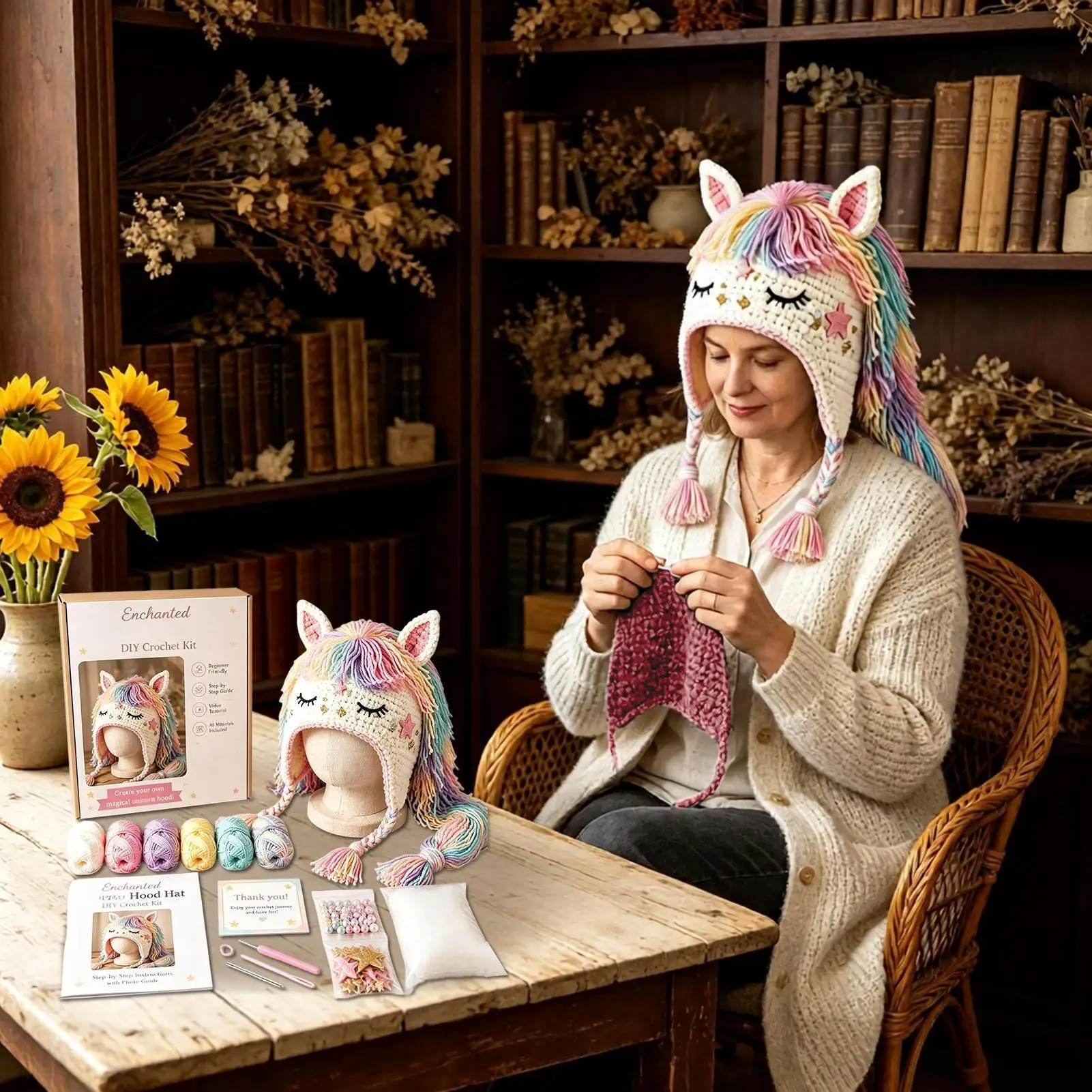 Crochet Bucket Hat Kit Weaving Animal Craft Head Wrap Photo Props With Step-by-step Guide Crochet Hat DIY Supplies For Adults