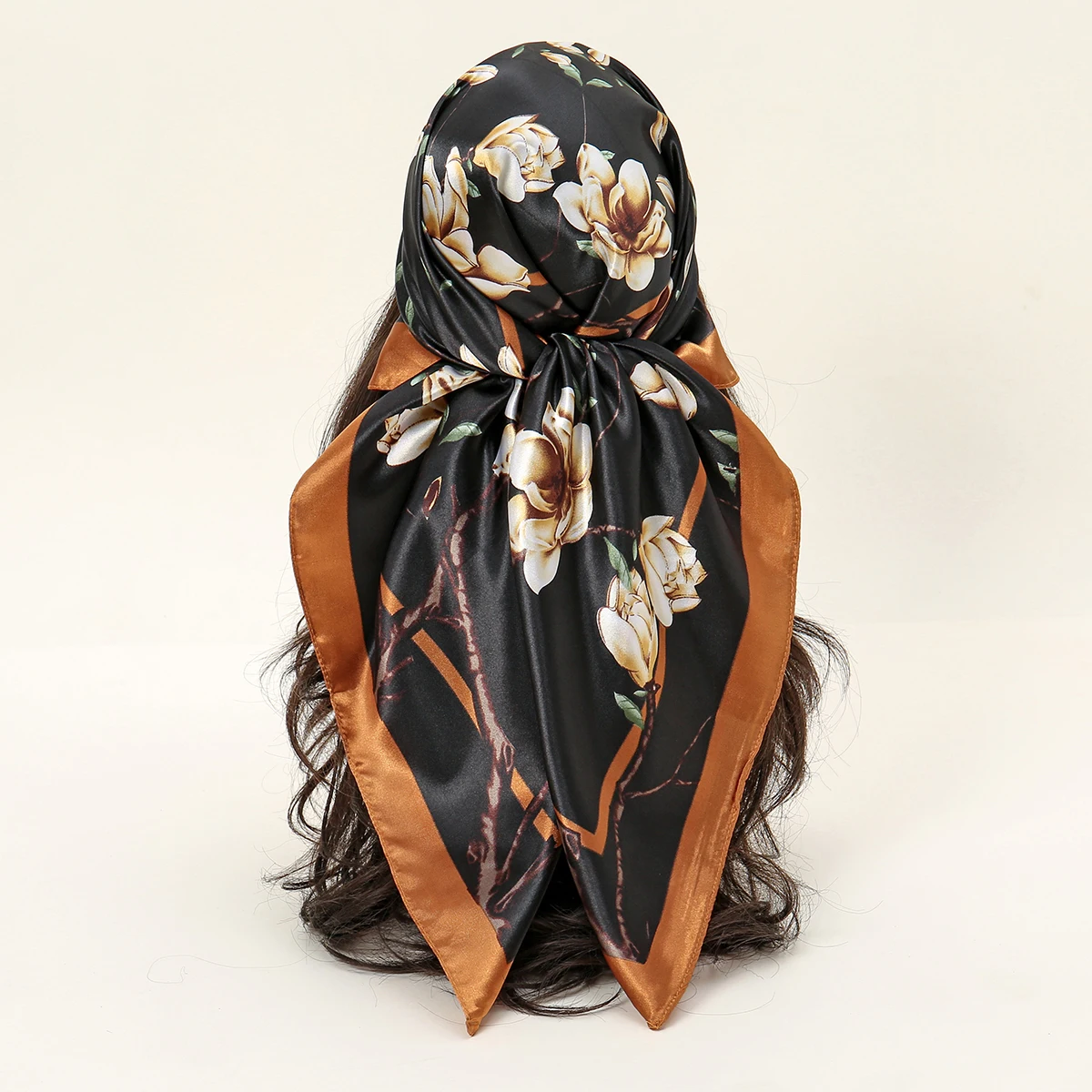 Newest Mangnolia Floral Print Silk Square Scarf Soft Satin Kerchief Hairband Women Muslim Hijab Lady Headband Foulard Bag Ribbon