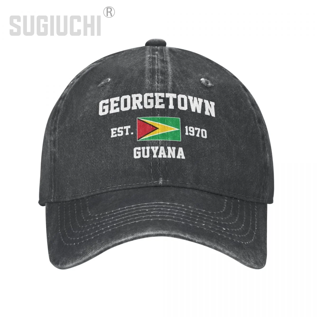 Flag of Guyana EST.1970 Georgetown Unisex Adult Charcoal Washed Denim Baseball Cap Men Vintage Cotton Dad Patriotic Trucker Hat
